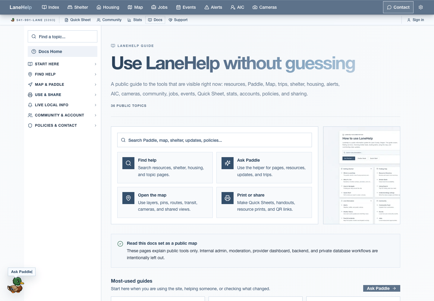 LaneHelp docs home desktop screenshot