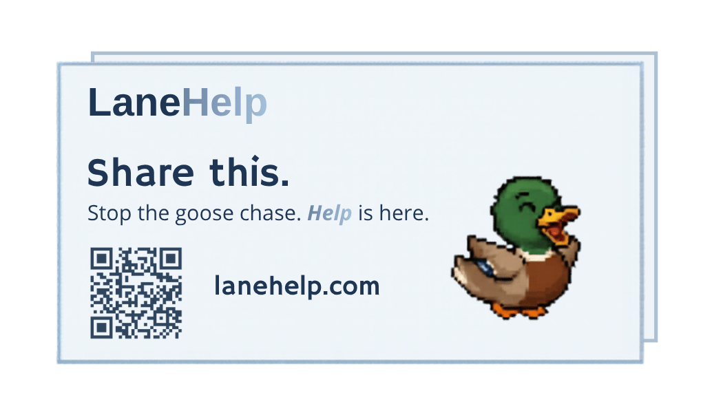 LaneHelp card reading Share this with QR code and Paddle duck art.