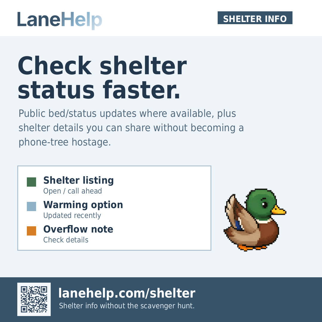 LaneHelp shelter info card with QR code and shelter status copy.