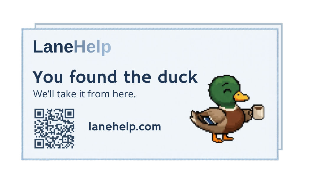 LaneHelp card reading You found the duck with QR code and Paddle duck art.