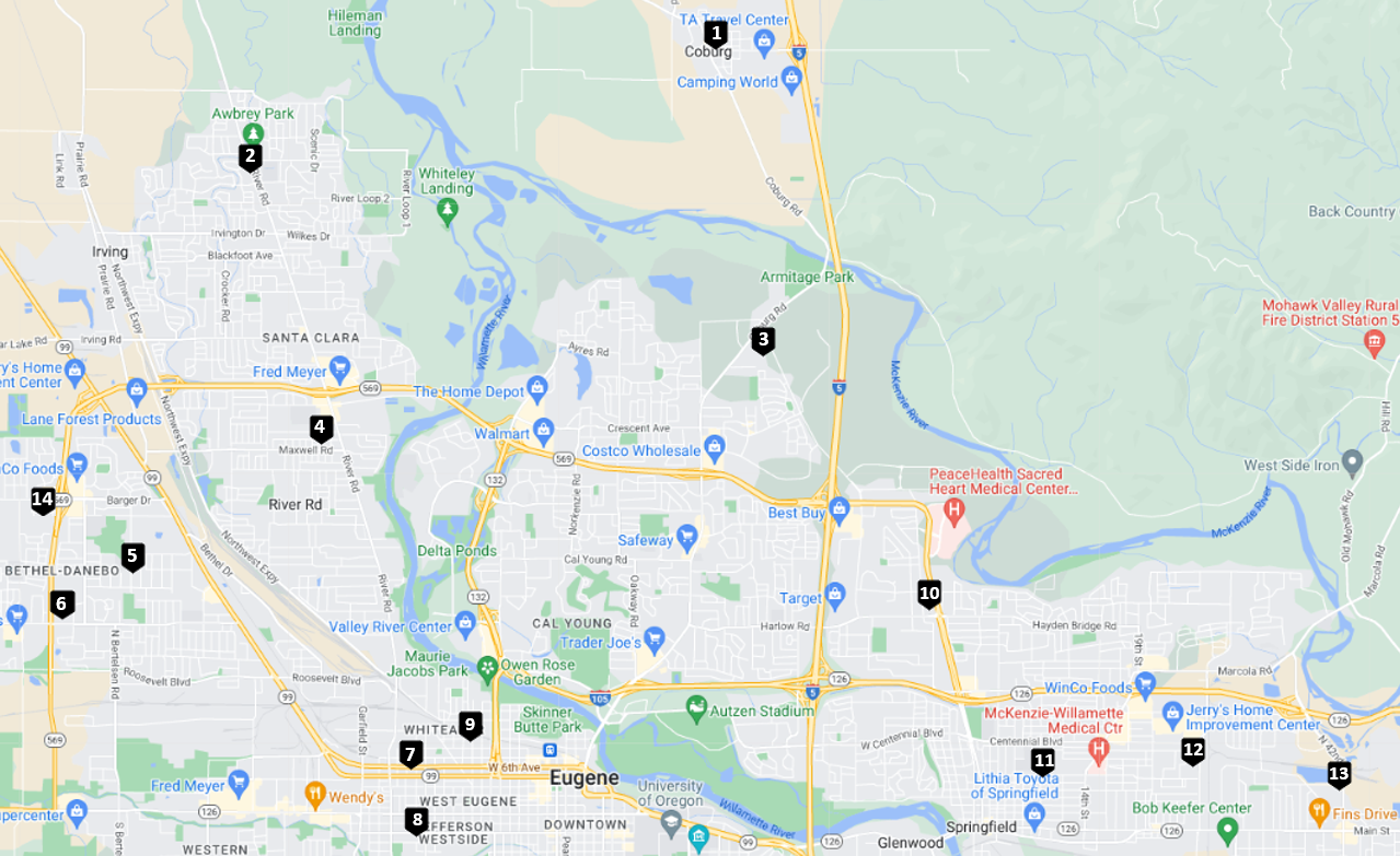 Numbered Eugene and Springfield pantry location map